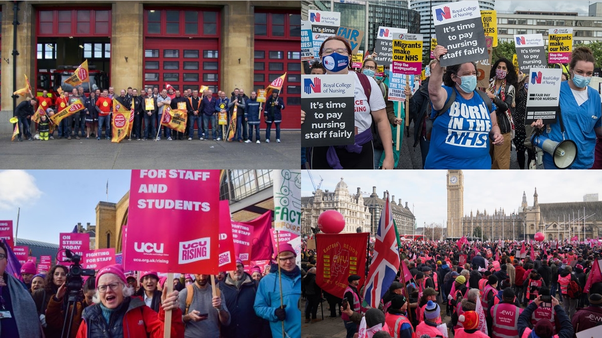 산업 분야를 가리지 않고 영국 전역에 파업과 시위가 끊이지 않고 있다. (좌측 상단부터 시계 방향으로) 파업에 나선 소방공무원(UK Fire), 간호사(NHS), 우체국 직원들(Royal Mail), 대학 직원들(UCU). 사진=필자 제공